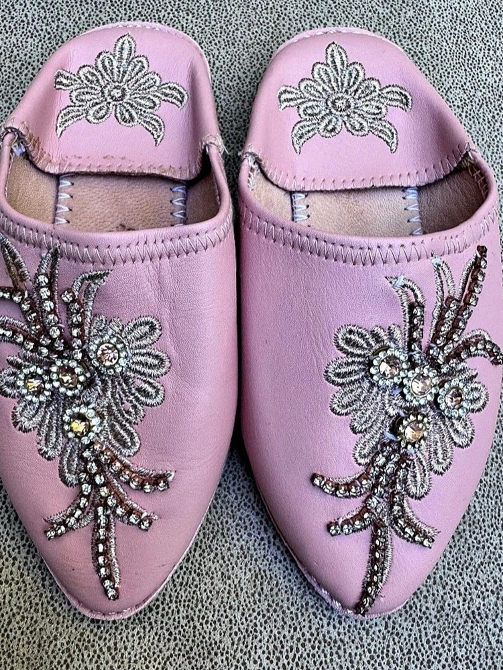 El Aymani Moroccan Leather Babouche Slippers Pink Jeweled Size 24